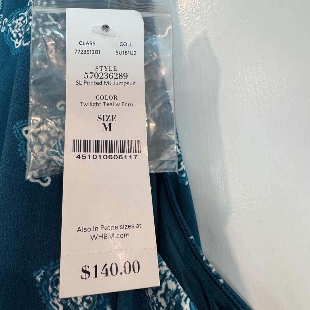 🔵 White House Black Market Twilight Teal Ecru Patterned MJ Jumpsuit Sz Med NWT - Picture 3 of 10
